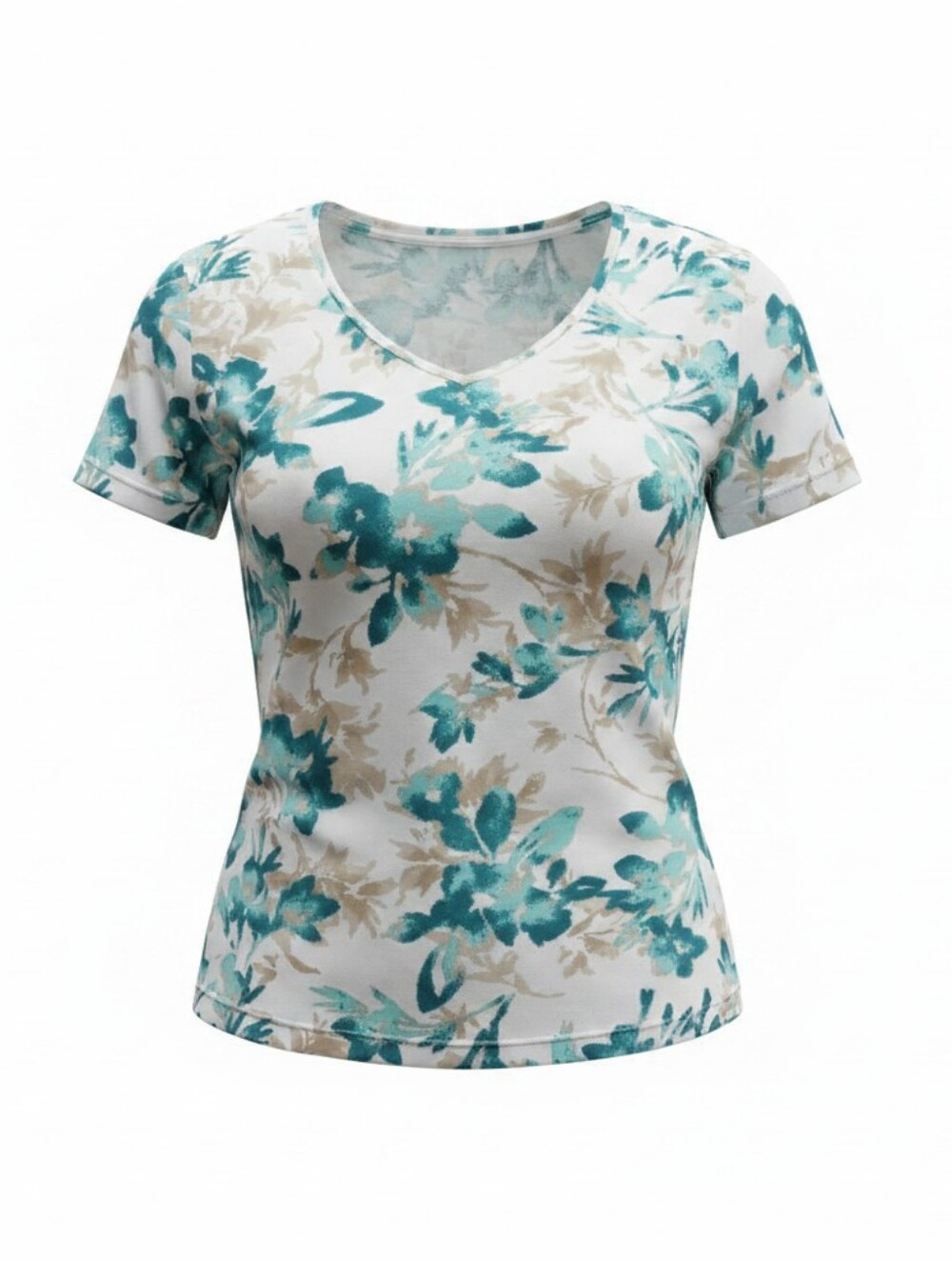 Karen Scott Teal, Aqua & Beige Floral V-Neck Short Sleeve Top